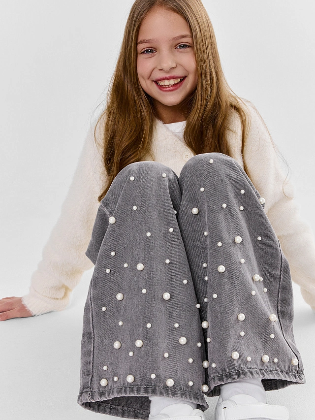 Джинсы для девочек серые с декоративными бусинами - 6