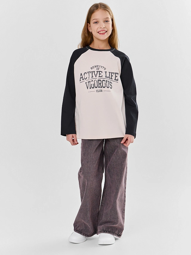 Джемпер для девочек бежевый с контрастными рукавами - 2