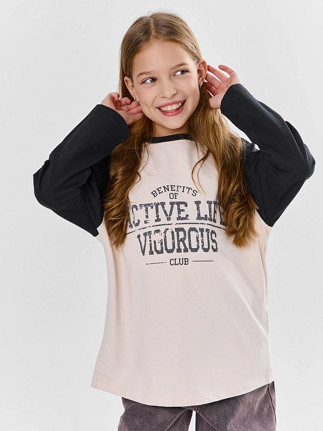 Джемпер для девочек бежевый с контрастными рукавами - 4