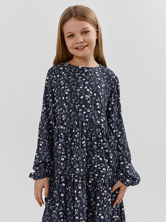 Платье для девочек синее с цветочным принтом - 2