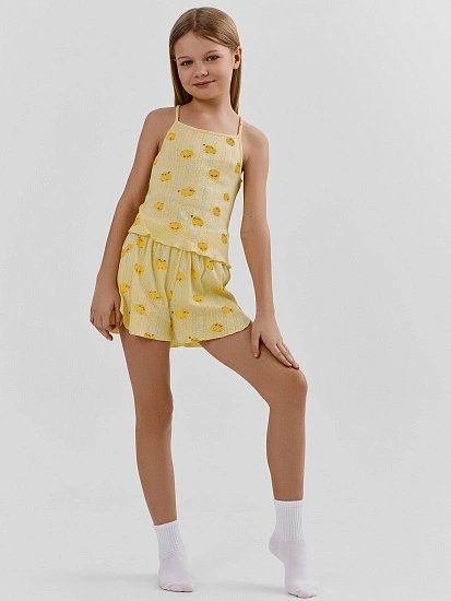 картинка Комплект домашний для девочек желтый с принтом уточек от известного бренда одежды для девочек Mark Formelle