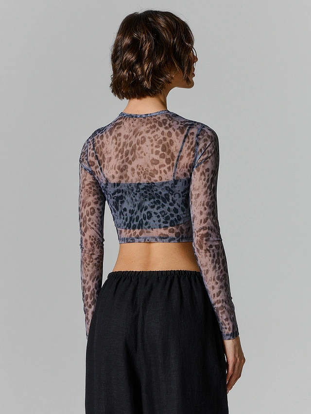 Лонгслив укороченный женский серый из сетки - 4