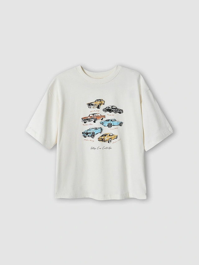 Футболка оверсайз женская молочная с принтом винтажных авто - 4