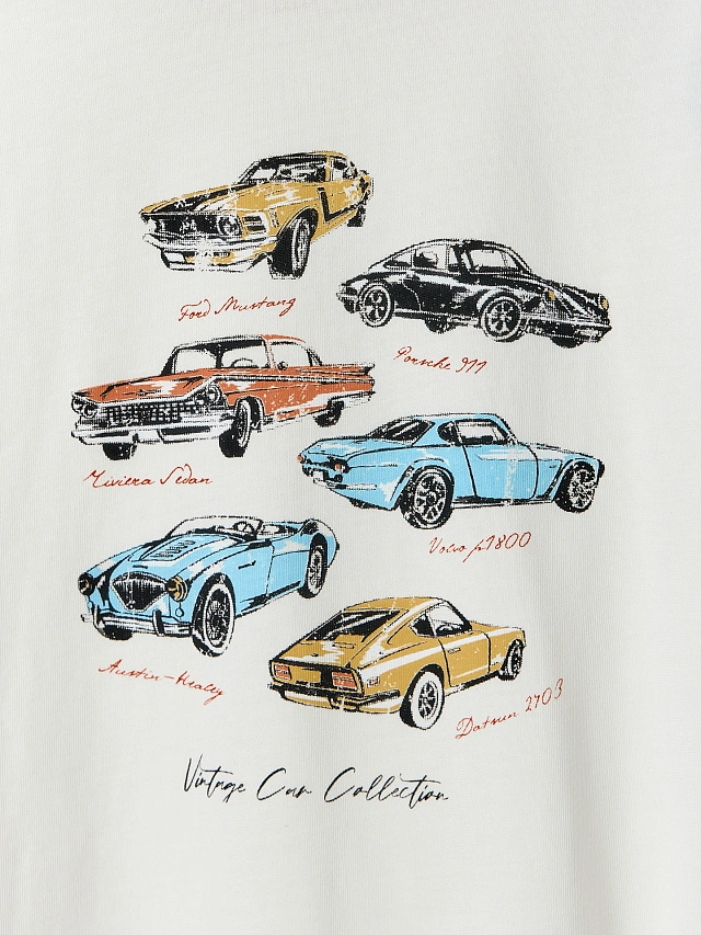 Футболка оверсайз женская молочная с принтом винтажных авто - 6