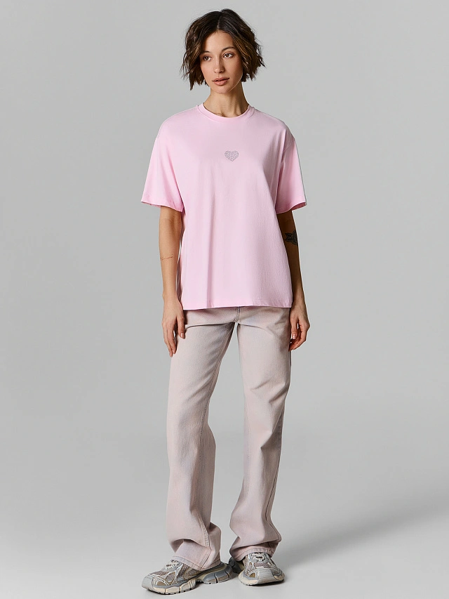 Футболка оверсайз женская розовая с сердечком - 2