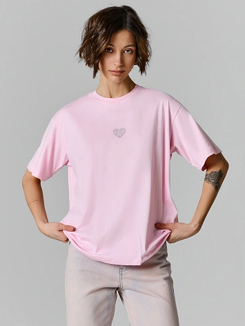 Футболка оверсайз женская розовая с сердечком