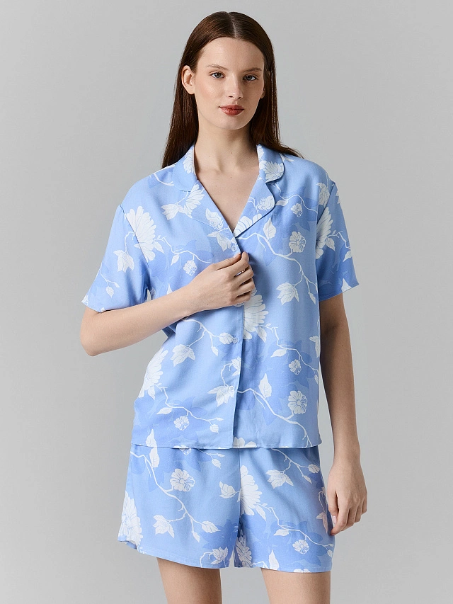 Комплект домашний женский голубой с цветочным принтом - 2