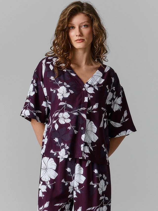 Комплект домашний женский фиолетовый с цветочным принтом - 2