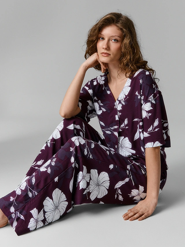 Комплект домашний женский фиолетовый с цветочным принтом - 4