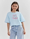 Футболка для девочек голубая укороченная
