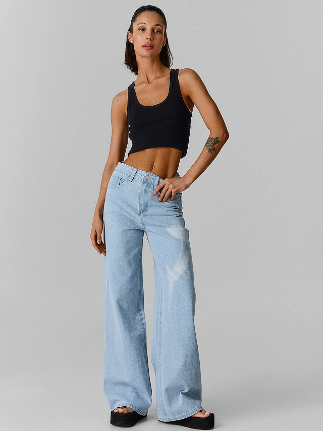 Джинсы Wide leg женские голубые с принтом - 4